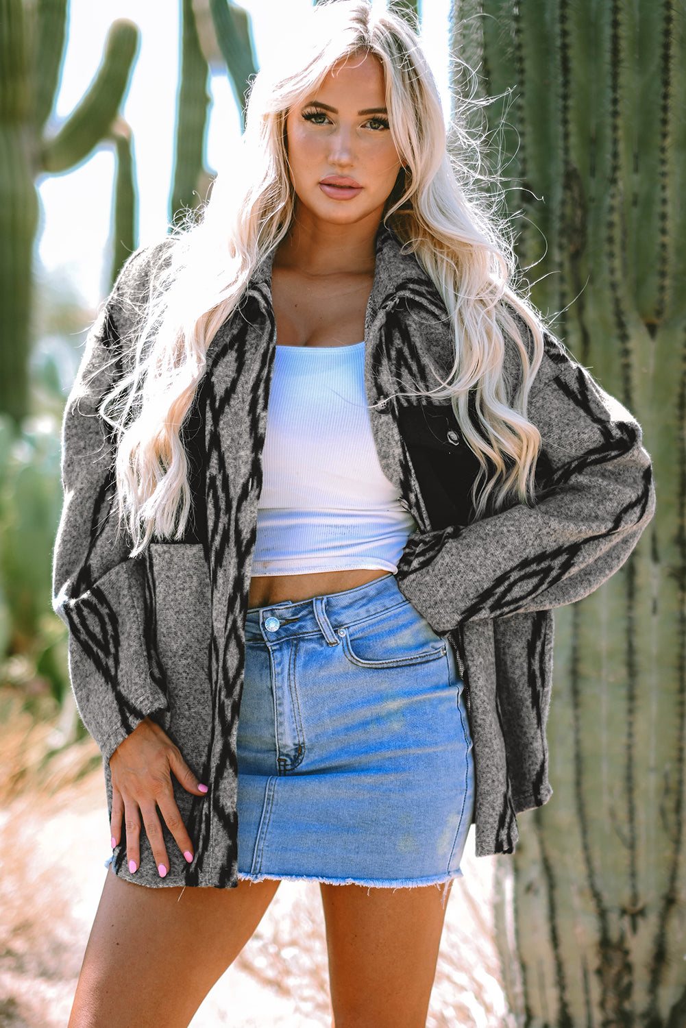 Gray Aztec Contrast Chest Pockets Loose Shacket - Premium Outerwear/Jackets from Momma Done Gone Crafty- Just $43.99! Shop now at Momma Done Gone Crafty