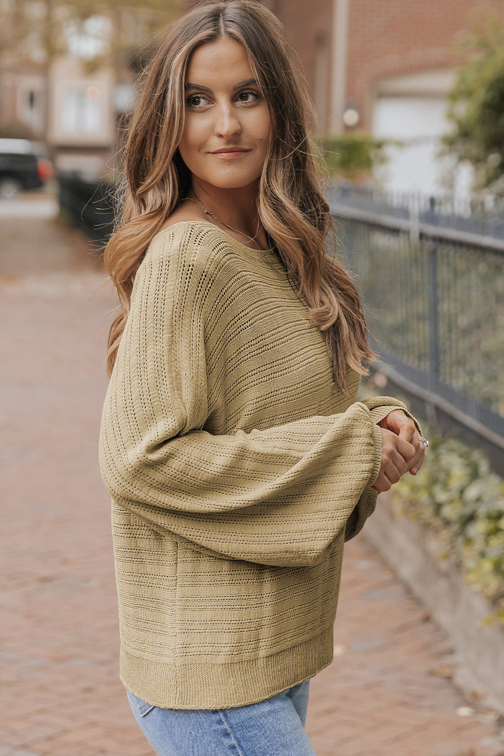 Apricot Lantern Sleeve Eyelets Textured Knit Sweater - Premium Tops from Momma Done Gone Crafty- Just $37.20! Shop now at Momma Done Gone Crafty