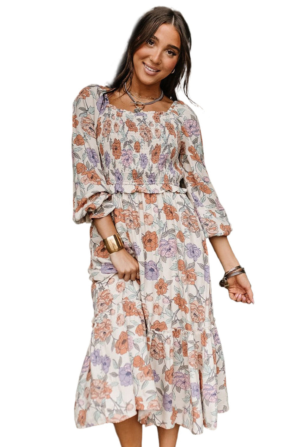 Multicolor Floral Smocked Long Sleeve Pocketed Dress - Premium Dresses from Momma Done Gone Crafty- Just $52.00! Shop now at Momma Done Gone Crafty