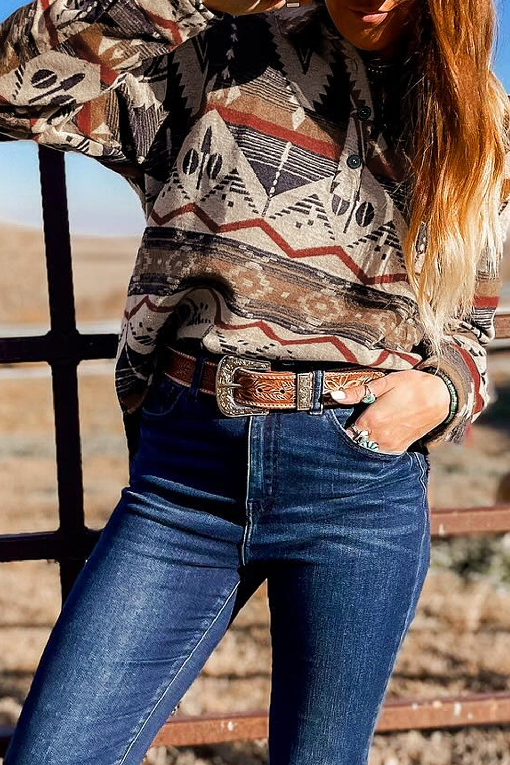 Brown Western Aztec Collared Button-up Sweatshirt - Premium Tops/Sweatshirts & Hoodies from Momma Done Gone Crafty- Just $54.99! Shop now at Momma Done Gone Crafty