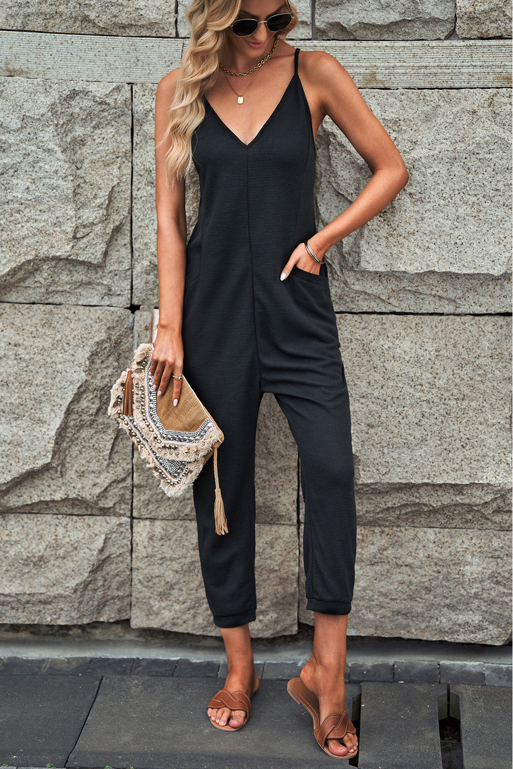 Black Textured Sleeveless V-Neck Pocketed Casual Jumpsuit - Premium Bottoms from Momma Done Gone Crafty- Just $26.99! Shop now at Momma Done Gone Crafty