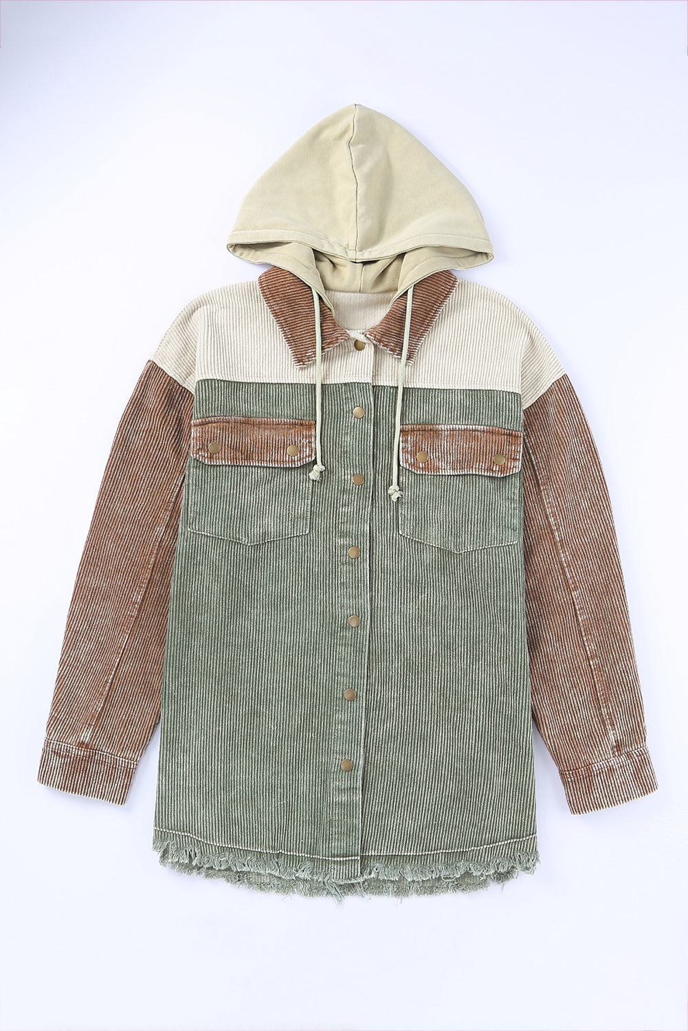 Green Color Block Button Down Hooded Corduroy Jacket - Premium Outerwear from Momma Done Gone Crafty- Just $54.00! Shop now at Momma Done Gone Crafty