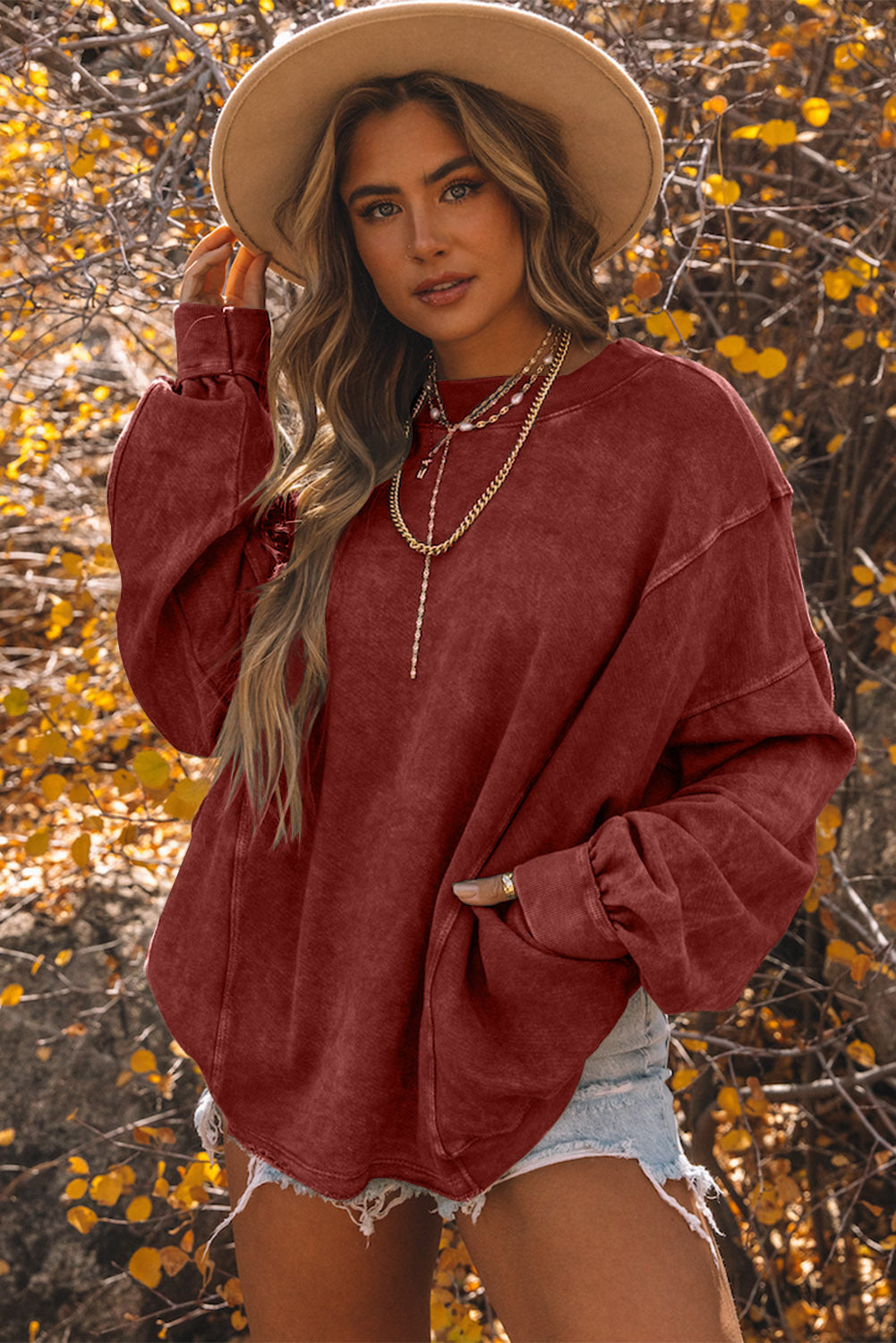 Red Exposed Seam Twist Open Back Oversized Sweatshirt - Premium Tops from Momma Done Gone Crafty- Just $50.40! Shop now at Momma Done Gone Crafty