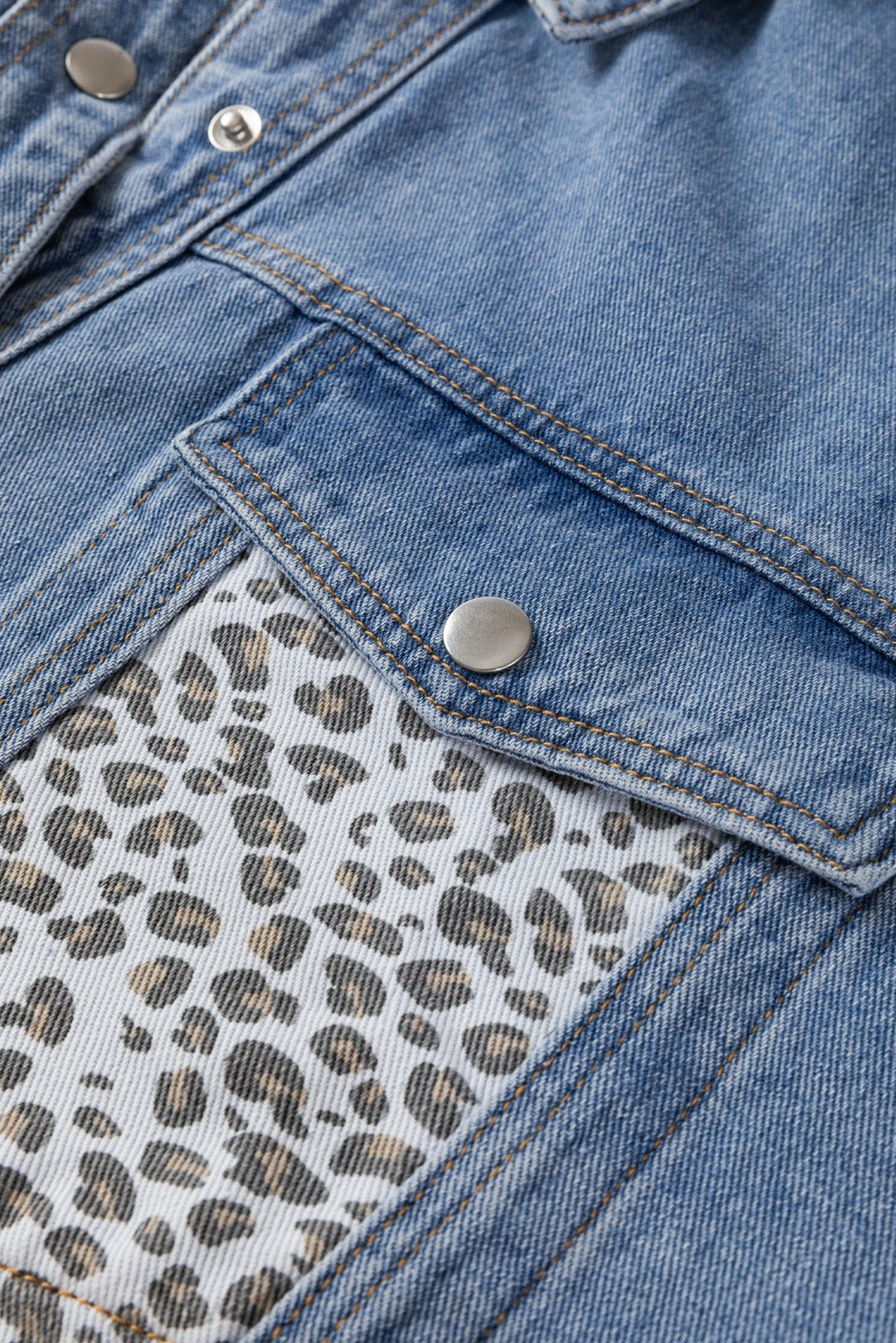 Beau Blue Leopard Patchwork Flap Detail Plus Size Denim Jacket - Premium Plus Size/Plus Size Outerwear from Momma Done Gone Crafty- Just $46.80! Shop now at Momma Done Gone Crafty