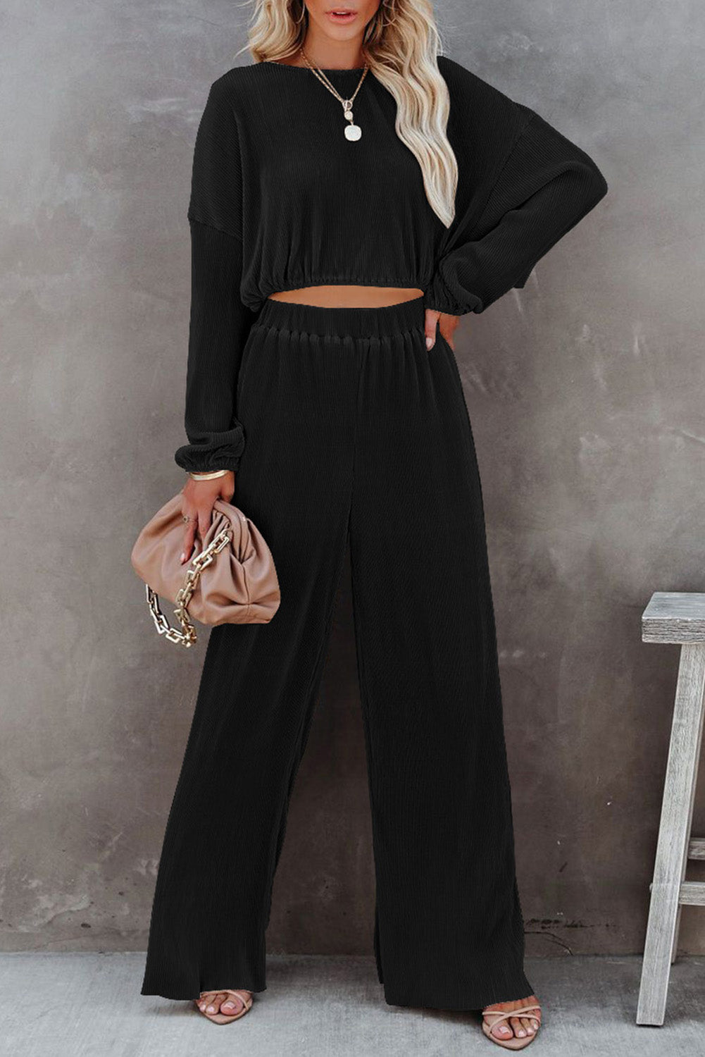 Black Corded Cropped Pullover and Wide Leg Pants Set - Premium Loungewear from Momma Done Gone Crafty- Just $65.94! Shop now at Momma Done Gone Crafty