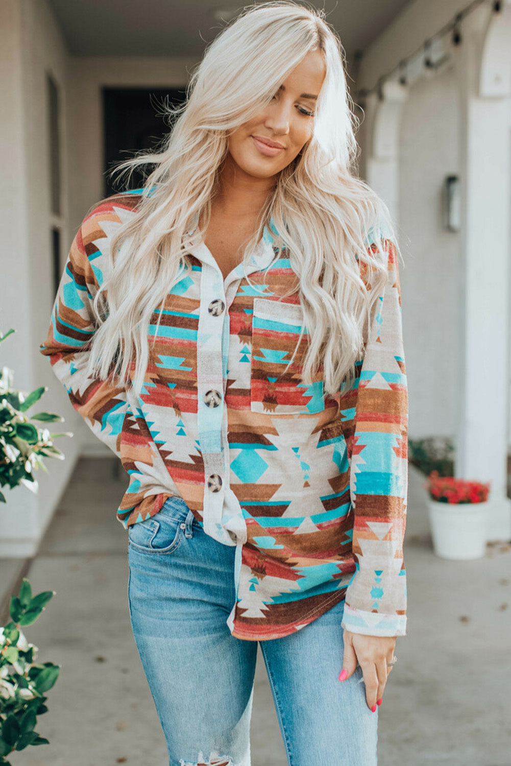 Multicolor Aztec Print Buttoned Pocket Chest Long Sleeve Shirt - Premium Tops/Blouses & Shirts from Momma Done Gone Crafty- Just $33.99! Shop now at Momma Done Gone Crafty