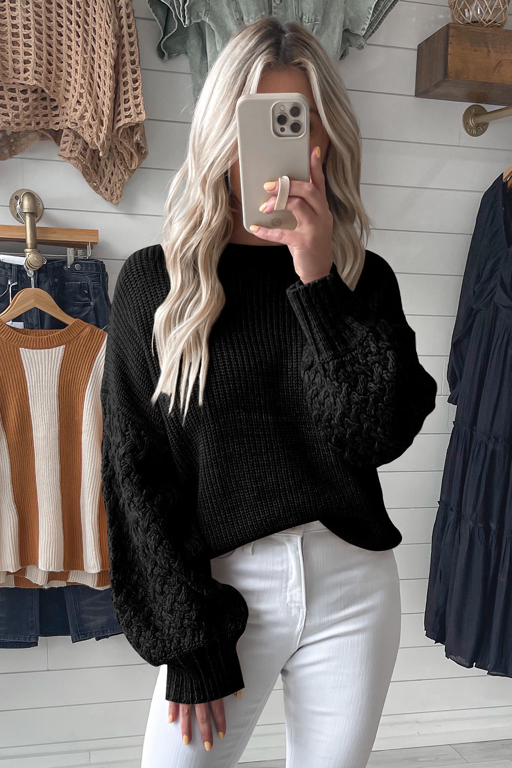 Black Cable Knit Sleeve Drop Shoulder Sweater - Premium Tops from Momma Done Gone Crafty- Just $38.99! Shop now at Momma Done Gone Crafty