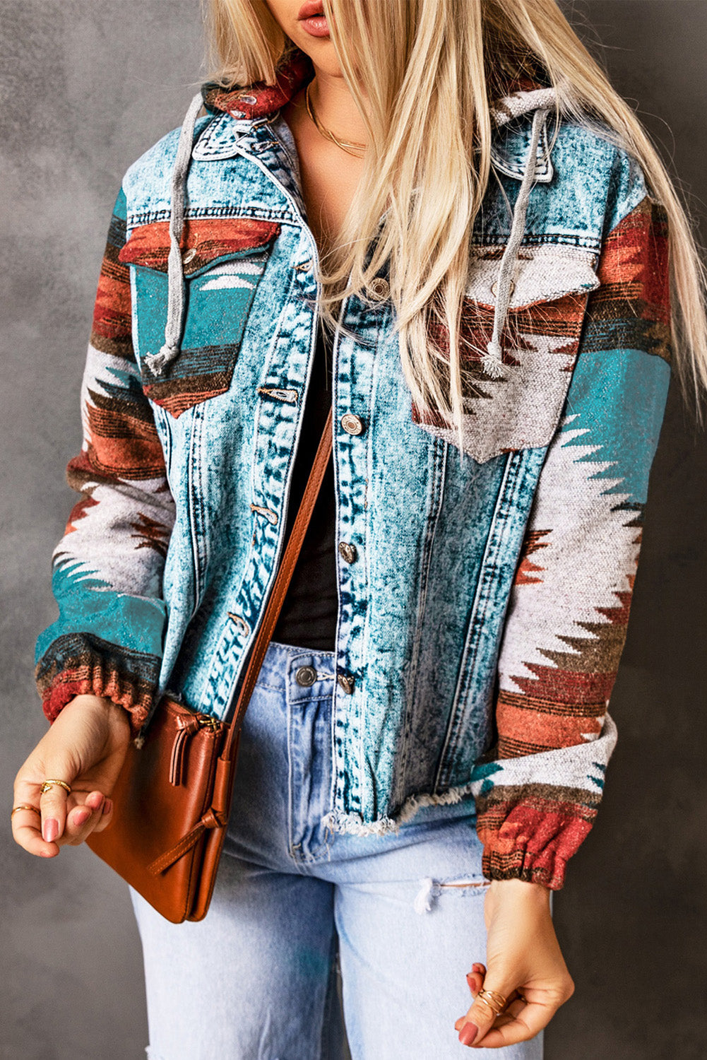 Multicolor Aztec Print Frayed Hem Denim Jacket - Premium Outerwear from Momma Done Gone Crafty- Just $46! Shop now at Momma Done Gone Crafty