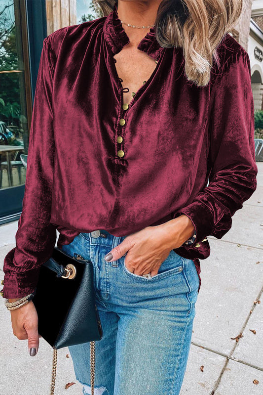 Biking Red Frilled Neck Buttoned Front Velvet Top - Premium Tops from Momma Done Gone Crafty- Just $40.11! Shop now at Momma Done Gone Crafty