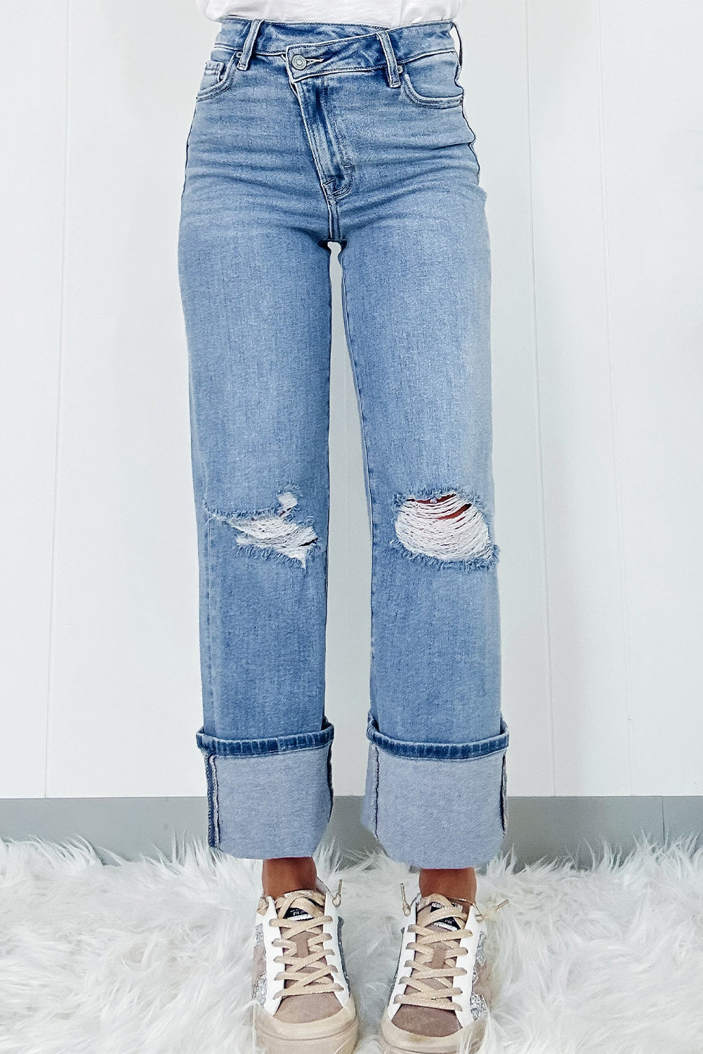 Dusk Blue High Rise Asymmetric Button Zip Fly Ripped Jeans - Premium Bottoms/Jeans from Momma Done Gone Crafty- Just $66.99! Shop now at Momma Done Gone Crafty