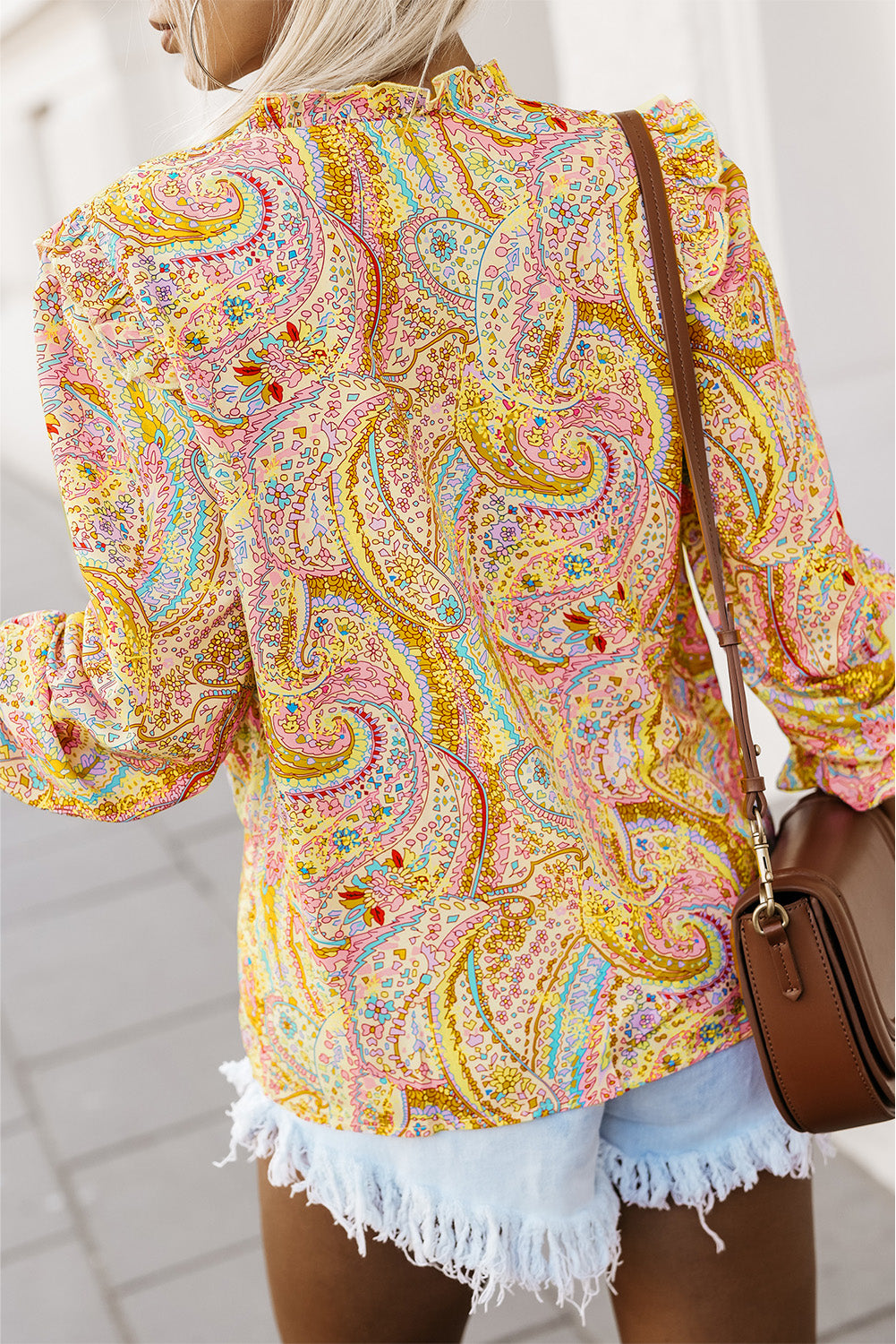 Yellow Paisley Print Ruffled Trim Boho Shirt - Premium Tops from Momma Done Gone Crafty- Just $33.30! Shop now at Momma Done Gone Crafty