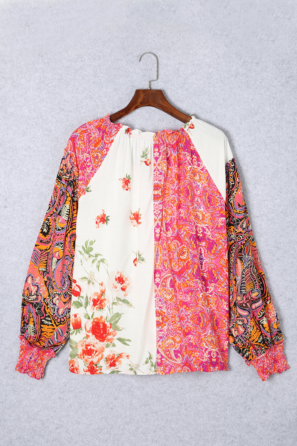 Multicolor Floral Patchwork Shirred Cuff Buttoned V Neck Blouse - Premium Tops from Momma Done Gone Crafty- Just $41.94! Shop now at Momma Done Gone Crafty