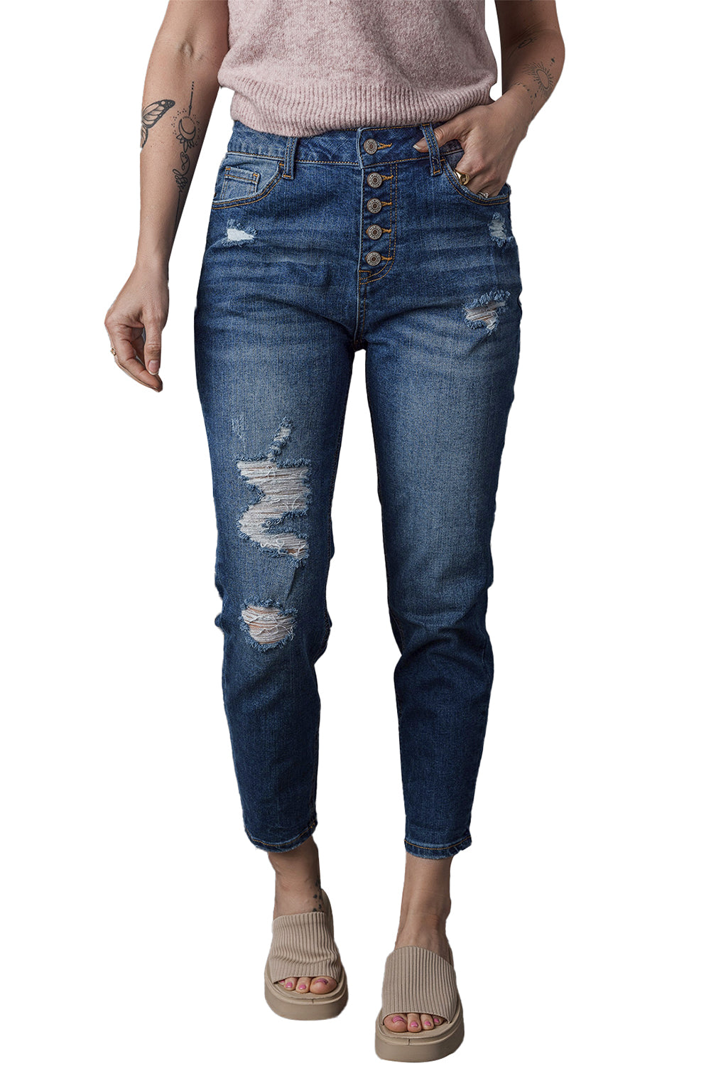 Blue Distressed Button Fly High Waist Skinny Jeans - Premium Bottoms from Momma Done Gone Crafty- Just $35.40! Shop now at Momma Done Gone Crafty