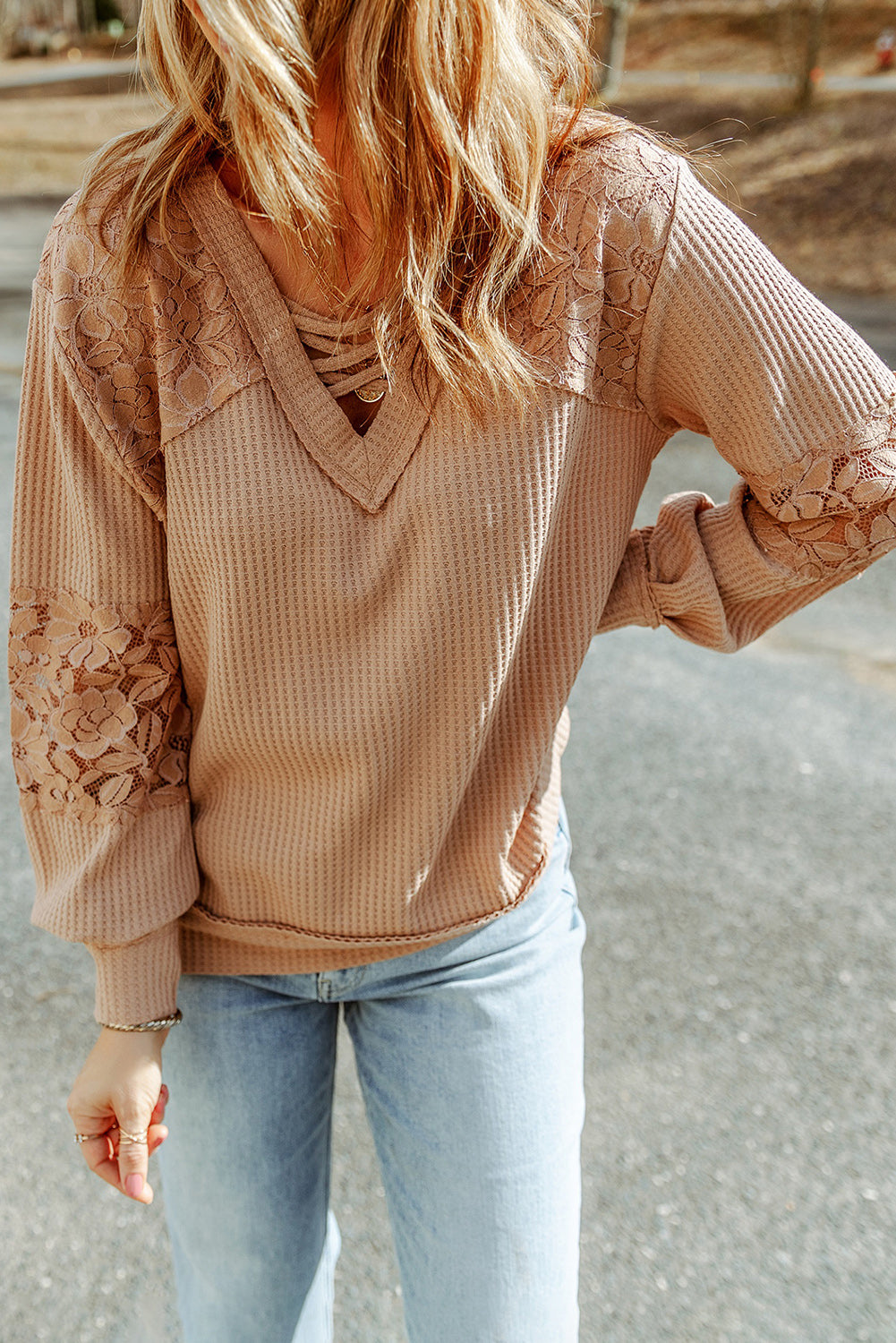 Apricot Lace Waffle Patchwork Strappy V Neck Long Sleeve Top - Premium Tops from Momma Done Gone Crafty- Just $23.10! Shop now at Momma Done Gone Crafty