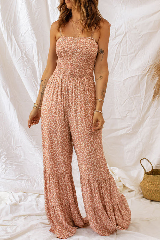 Khaki Thin Straps Smocked Bodice Wide Leg Floral Jumpsuit - Premium Bottoms from Momma Done Gone Crafty- Just $48! Shop now at Momma Done Gone Crafty