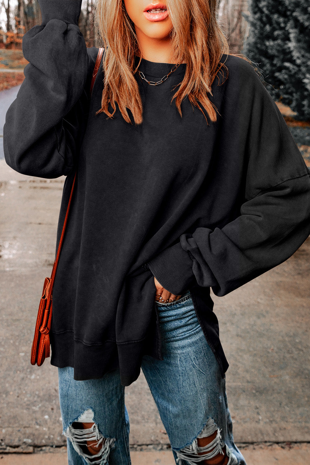 Black Drop Shoulder Ribbed Trim Oversized Sweatshirt - Premium Tops from Momma Done Gone Crafty- Just $29.70! Shop now at Momma Done Gone Crafty