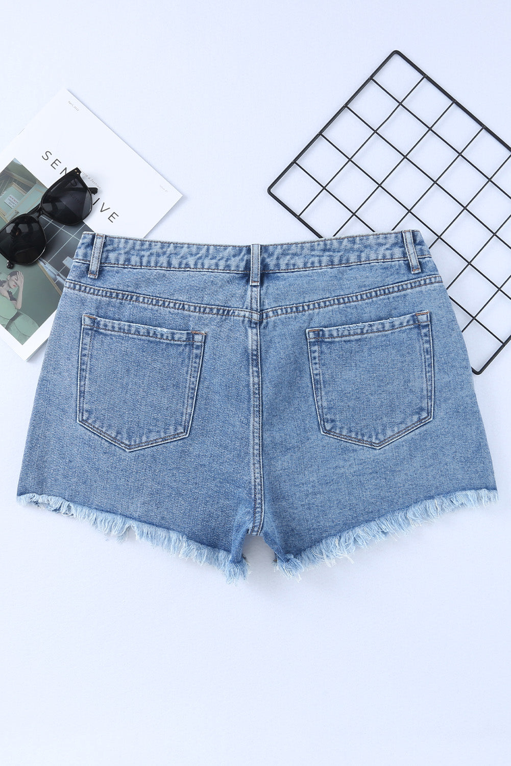 Sky Blue High Rise Crossover Waist Denim Shorts - Premium Bottoms from Momma Done Gone Crafty- Just $26.00! Shop now at Momma Done Gone Crafty