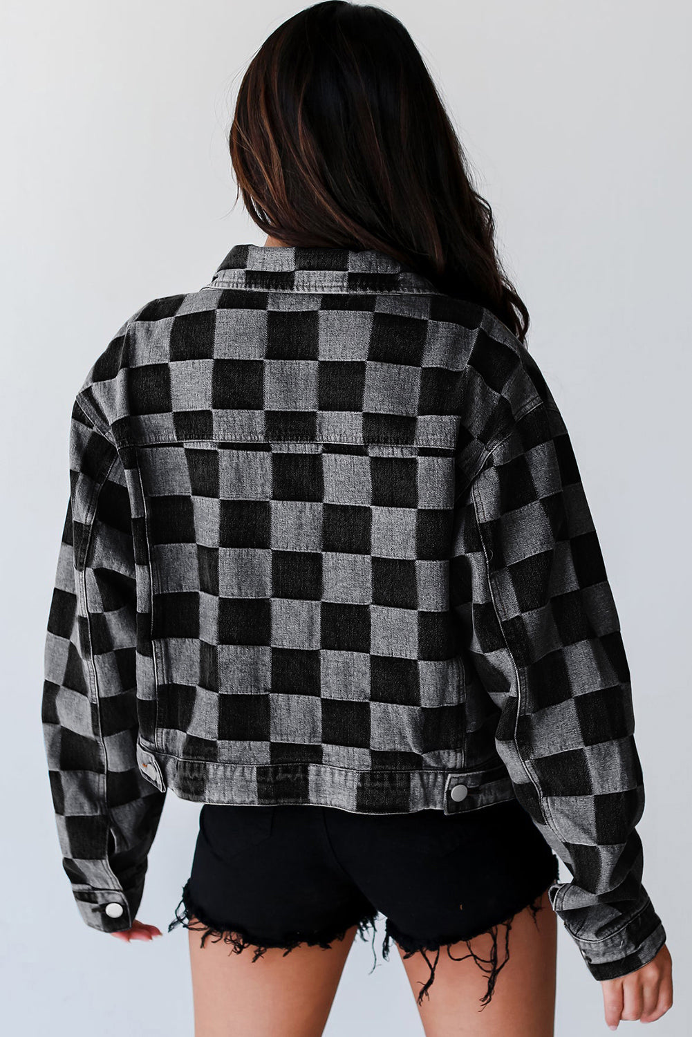 Black Checkered Patchwork Button up Denim Jacket - Premium Outerwear/Denim jackets from Momma Done Gone Crafty- Just $37.11! Shop now at Momma Done Gone Crafty