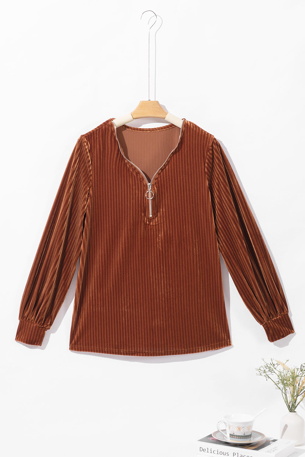 Chestnut Half Zip V Neck Ribbed Velvet Top - Premium Tops/Long Sleeve Tops from Momma Done Gone Crafty- Just $24.99! Shop now at Momma Done Gone Crafty