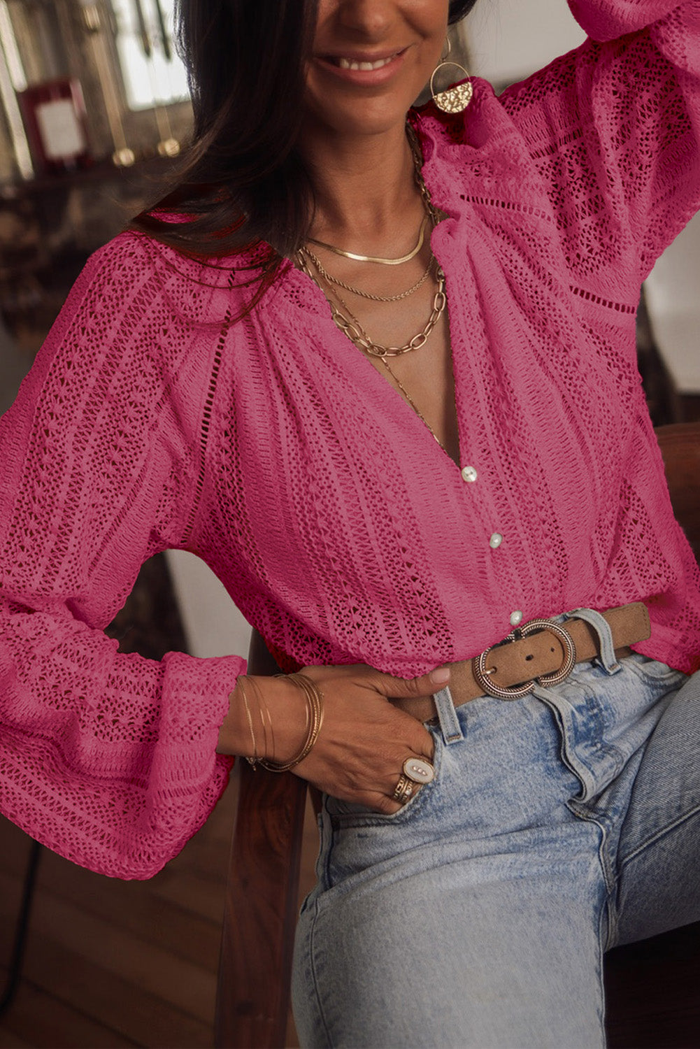 Rose V-Neck Long Sleeve Button Up Lace Shirt - Premium Tops from Momma Done Gone Crafty- Just $26.99! Shop now at Momma Done Gone Crafty