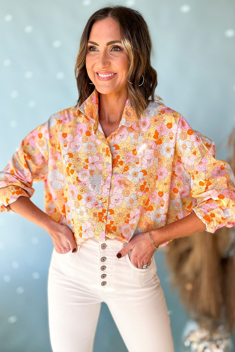 Yellow Floral Print Turn Down Collar Loose Shirt - Premium Tops from Momma Done Gone Crafty- Just $40.20! Shop now at Momma Done Gone Crafty