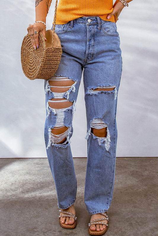 Sky Blue Heavy Destroyed Big Hole Boyfriend Jeans - Premium Bottoms from Momma Done Gone Crafty- Just $55.99! Shop now at Momma Done Gone Crafty