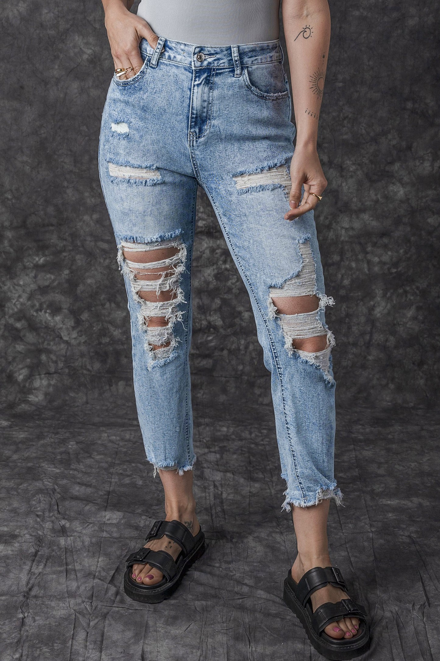 Sky Blue Acid Wash Distressed Slim Fit Jeans - Premium Bottoms from Momma Done Gone Crafty- Just $67.32! Shop now at Momma Done Gone Crafty