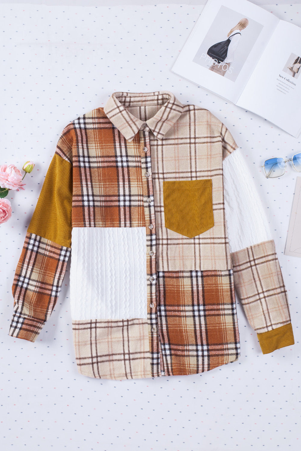 Orange Plaid Color Block Patchwork Shirt Jacket with Pocket - Premium Outerwear from Momma Done Gone Crafty- Just $35.99! Shop now at Momma Done Gone Crafty