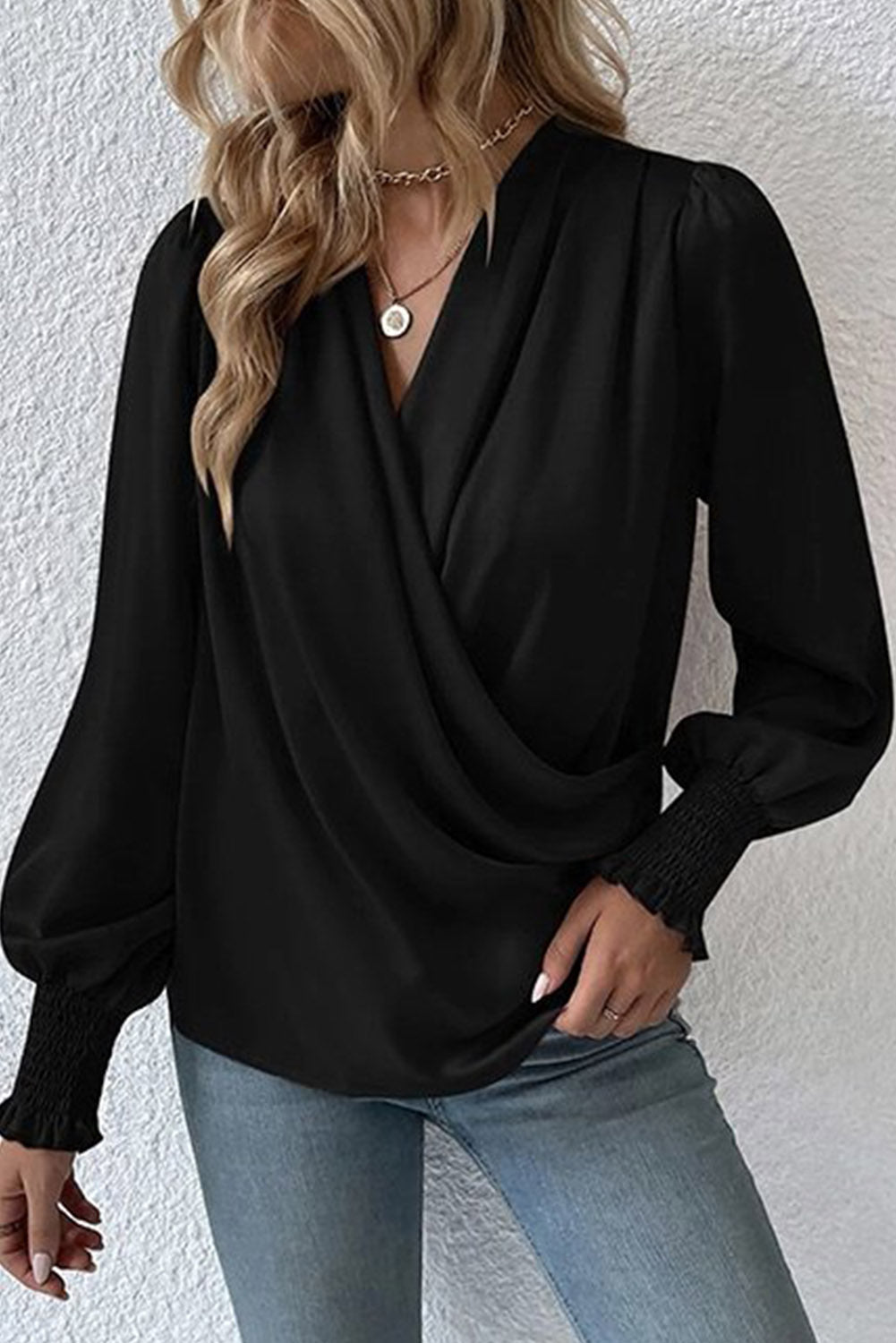 Black Solid Surplice Neck Shirred Cuffs Draped Blouse - Premium Tops from Momma Done Gone Crafty- Just $31.80! Shop now at Momma Done Gone Crafty