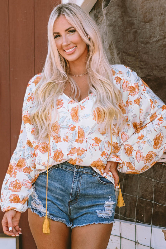 White Tassel Tie V Neck Bubble Sleeve Floral Blouse - Premium Tops from Momma Done Gone Crafty- Just $34.23! Shop now at Momma Done Gone Crafty