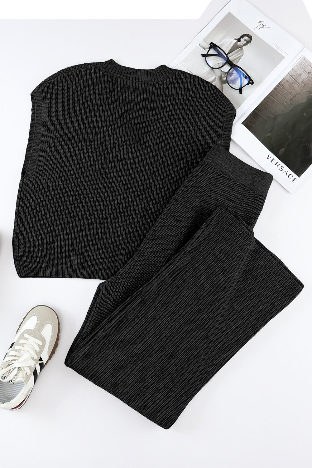 Black Knitted V Neck Sweater and Casual Pants Set - Premium Loungewear from Momma Done Gone Crafty- Just $82.26! Shop now at Momma Done Gone Crafty