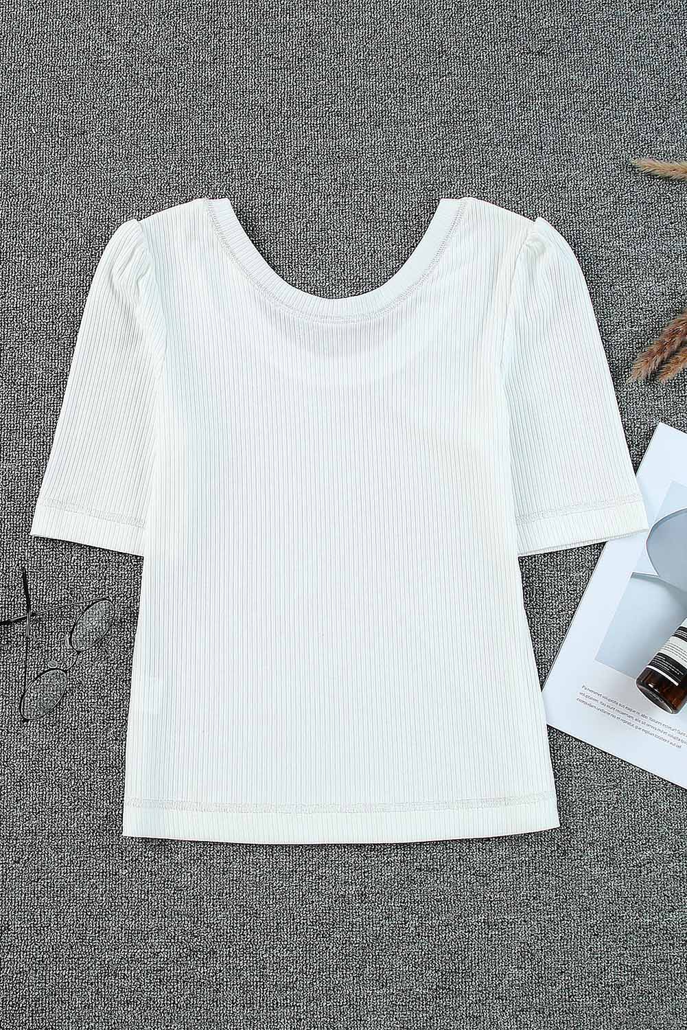 White Round Neck Half Sleeve Ribbed Knit Top - Premium Tops from Momma Done Gone Crafty- Just $56.70! Shop now at Momma Done Gone Crafty