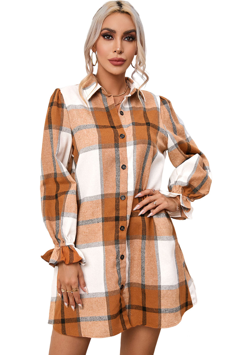 Khaki Plaid Pattern Collared Neck Ruffled Sleeve Shirt Dress - Premium Dresses from Momma Done Gone Crafty- Just $23.70! Shop now at Momma Done Gone Crafty