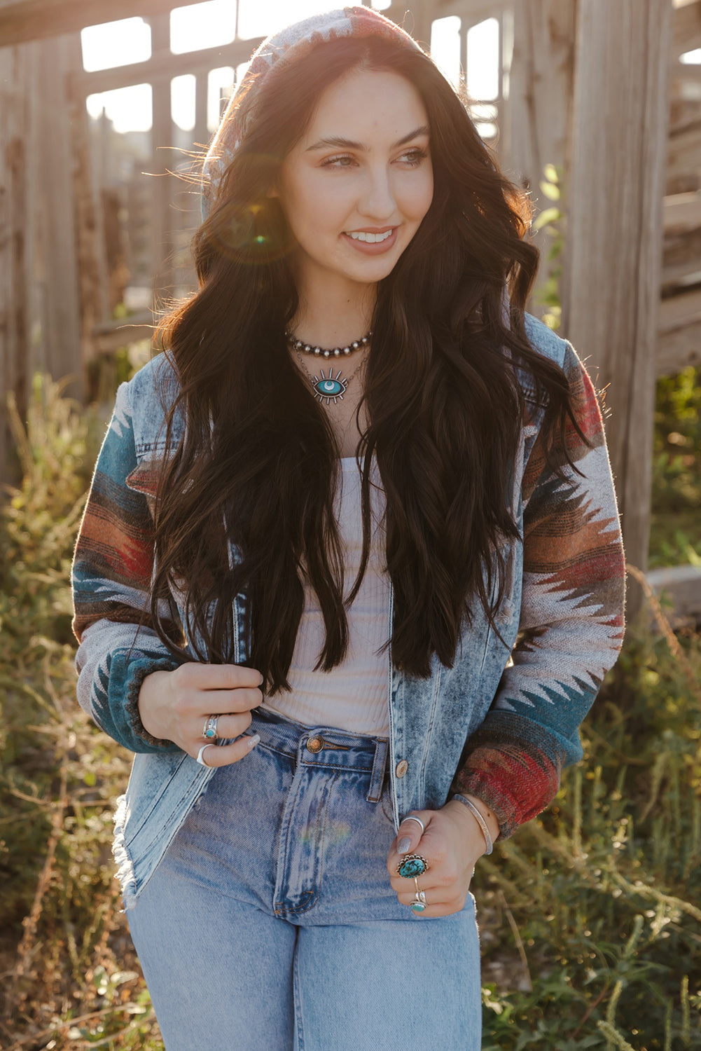 Multicolor Aztec Print Frayed Hem Denim Jacket - Premium Outerwear from Momma Done Gone Crafty- Just $46.00! Shop now at Momma Done Gone Crafty