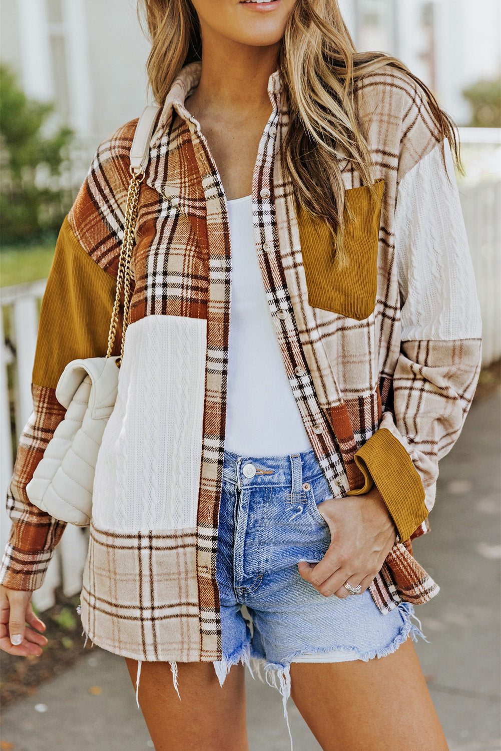 Orange Plaid Color Block Patchwork Shirt Jacket with Pocket - Premium Outerwear from Momma Done Gone Crafty- Just $35.99! Shop now at Momma Done Gone Crafty