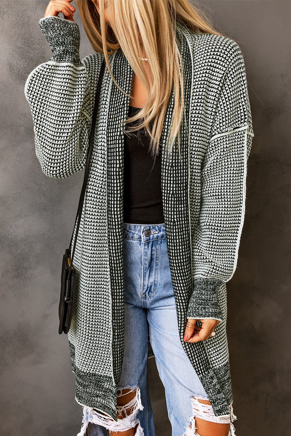 Gray Plaid Knitted Long Open Front Cardigan - Premium Tops from Momma Done Gone Crafty- Just $35.94! Shop now at Momma Done Gone Crafty