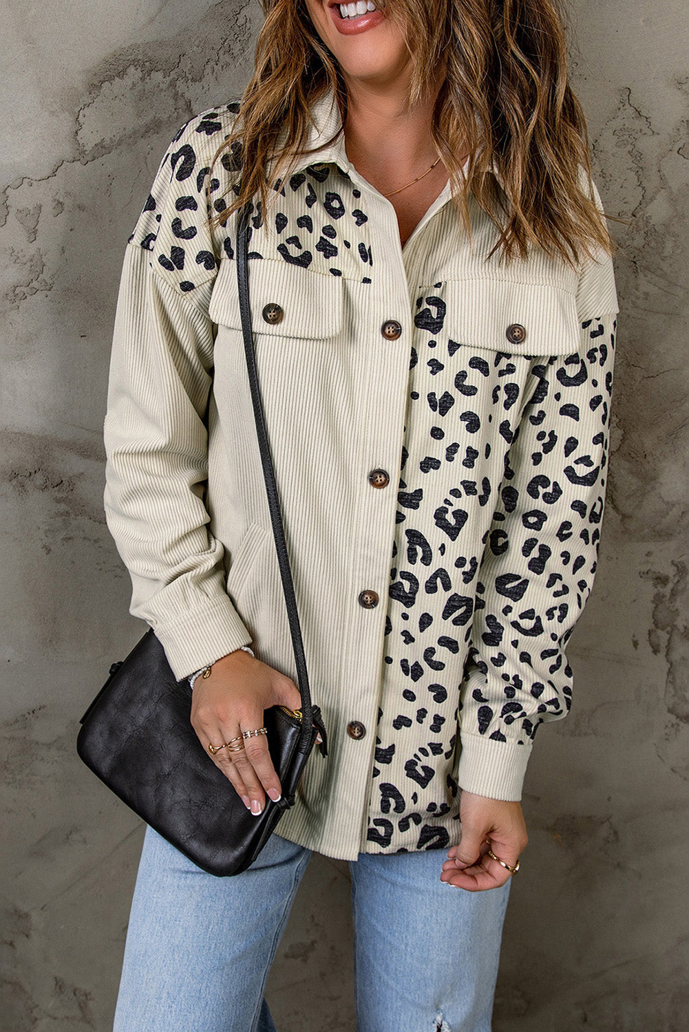 Apricot Leopard Print Detail Pocketed Corduroy Jacket - Premium Outerwear from Momma Done Gone Crafty- Just $34.00! Shop now at Momma Done Gone Crafty