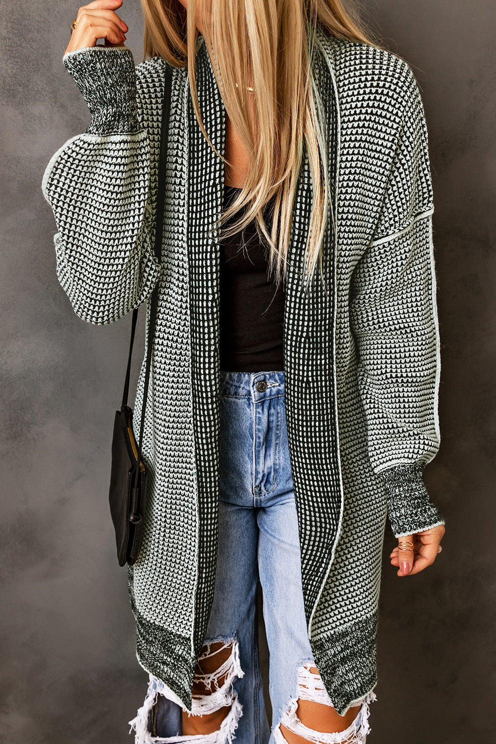 Gray Plaid Knitted Long Open Front Cardigan - Premium Tops from Momma Done Gone Crafty- Just $35.94! Shop now at Momma Done Gone Crafty