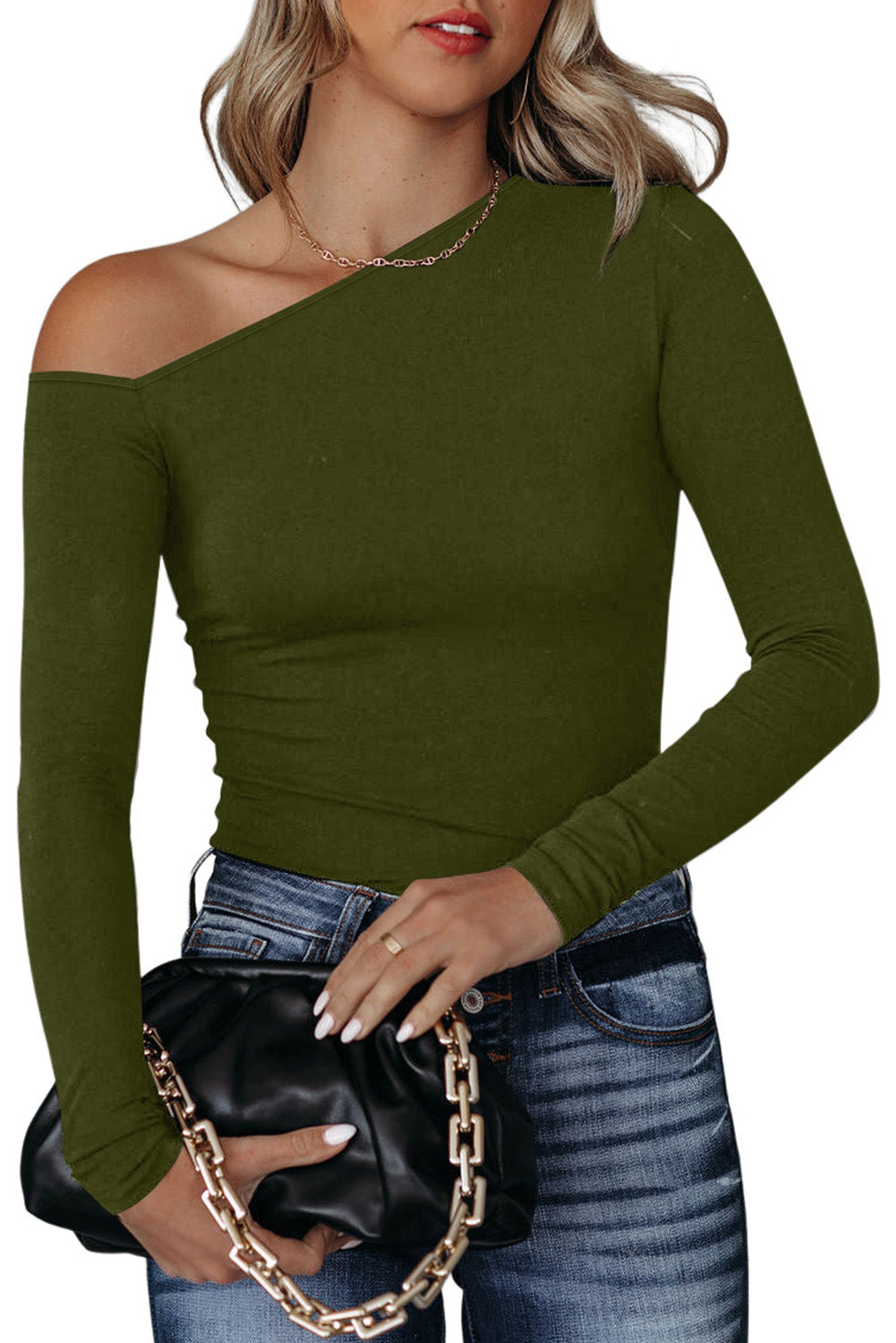 Green Asymmetrical Neckline Long Sleeve Knit Top - Premium Tops from Momma Done Gone Crafty- Just $23.94! Shop now at Momma Done Gone Crafty