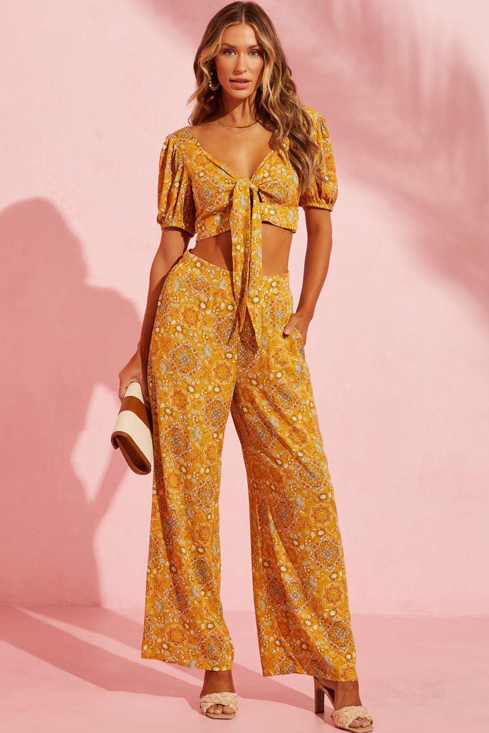 Yellow Bohemian Floral Print Pocketed Wide Leg Pants - Premium Bottoms from Momma Done Gone Crafty- Just $52.86! Shop now at Momma Done Gone Crafty