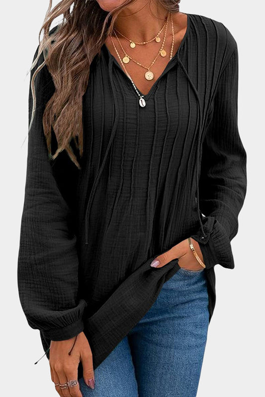 Black Casual Pleated V Neck Textured Loose Top - Premium Tops from Momma Done Gone Crafty- Just $54.75! Shop now at Momma Done Gone Crafty