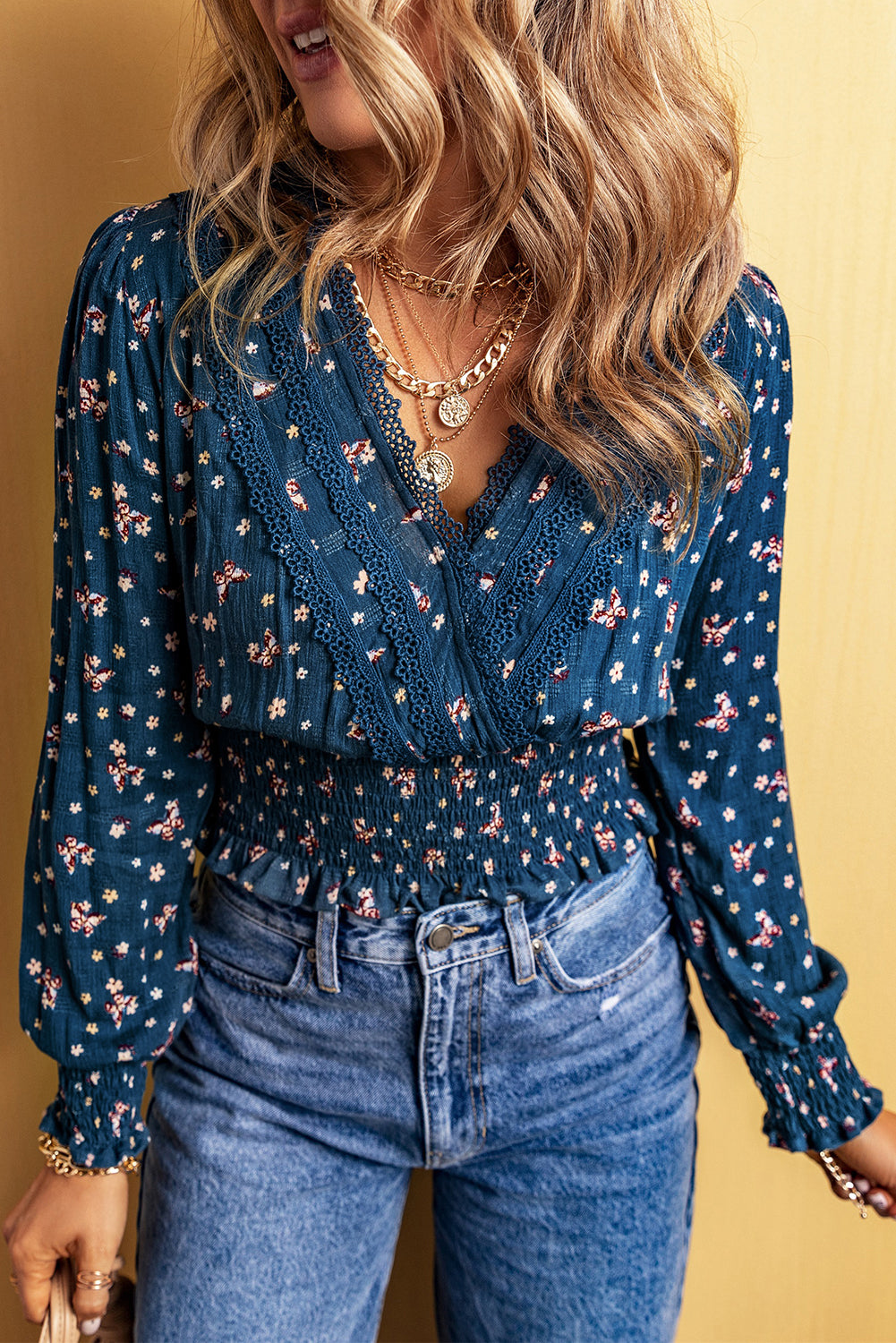 Blue Lace Trim V Neck Floral Smocked Long Sleeve Blouse - Premium Tops from Momma Done Gone Crafty- Just $35.82! Shop now at Momma Done Gone Crafty