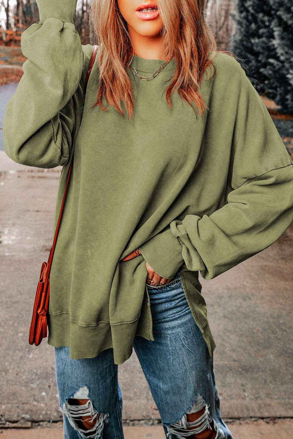 Green Drop Shoulder Ribbed Trim Oversized Sweatshirt - Premium Tops from Momma Done Gone Crafty- Just $38.00! Shop now at Momma Done Gone Crafty