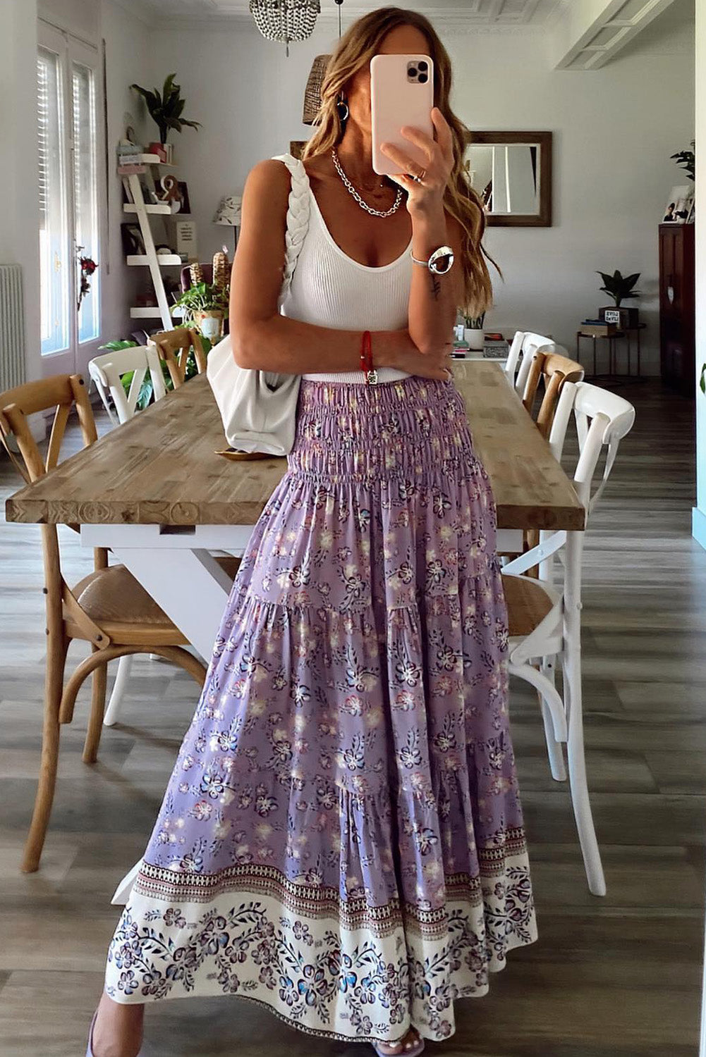 Purple Floral Print Shirred High Waist Maxi Skirt - Premium Bottoms from Momma Done Gone Crafty- Just $44.00! Shop now at Momma Done Gone Crafty