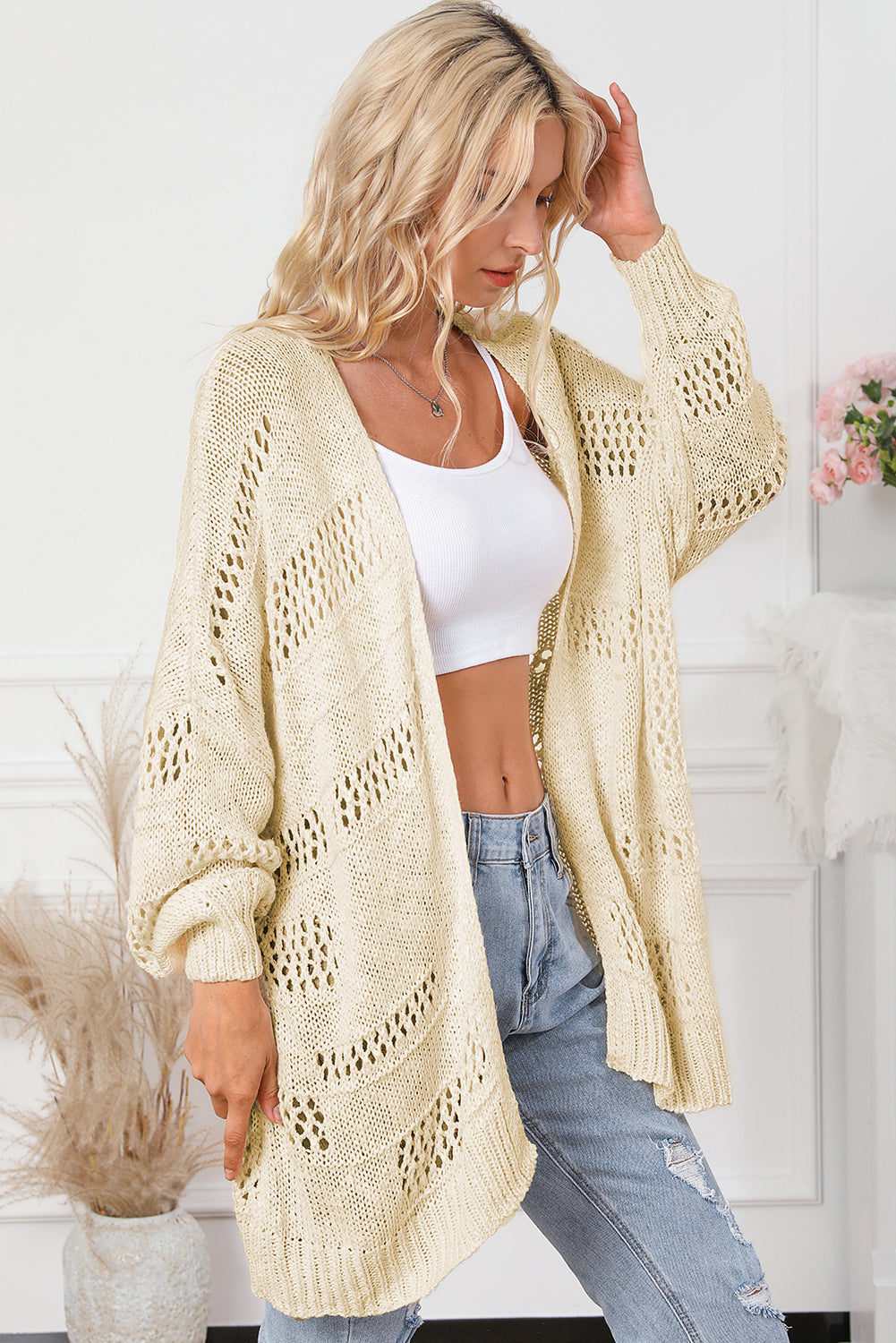 Apricot Casual Hollowed Knit Dolman Sleeve Cardigan - Premium Tops from Momma Done Gone Crafty- Just $56.40! Shop now at Momma Done Gone Crafty