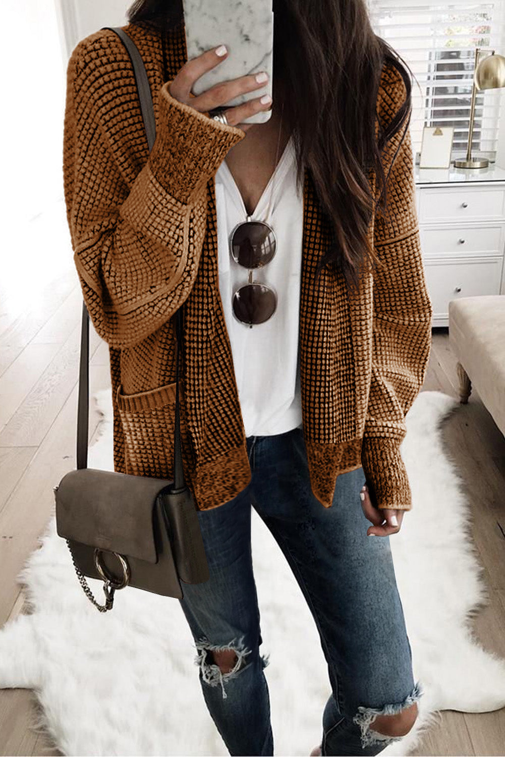 Brown Chunky Waffle Knit Oversized Collar Cardigan - Premium Tops from Momma Done Gone Crafty- Just $47.70! Shop now at Momma Done Gone Crafty