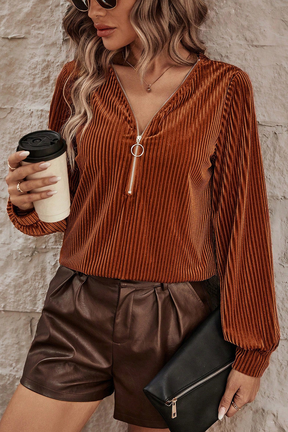 Chestnut Half Zip V Neck Ribbed Velvet Top - Premium Tops/Long Sleeve Tops from Momma Done Gone Crafty- Just $24.99! Shop now at Momma Done Gone Crafty