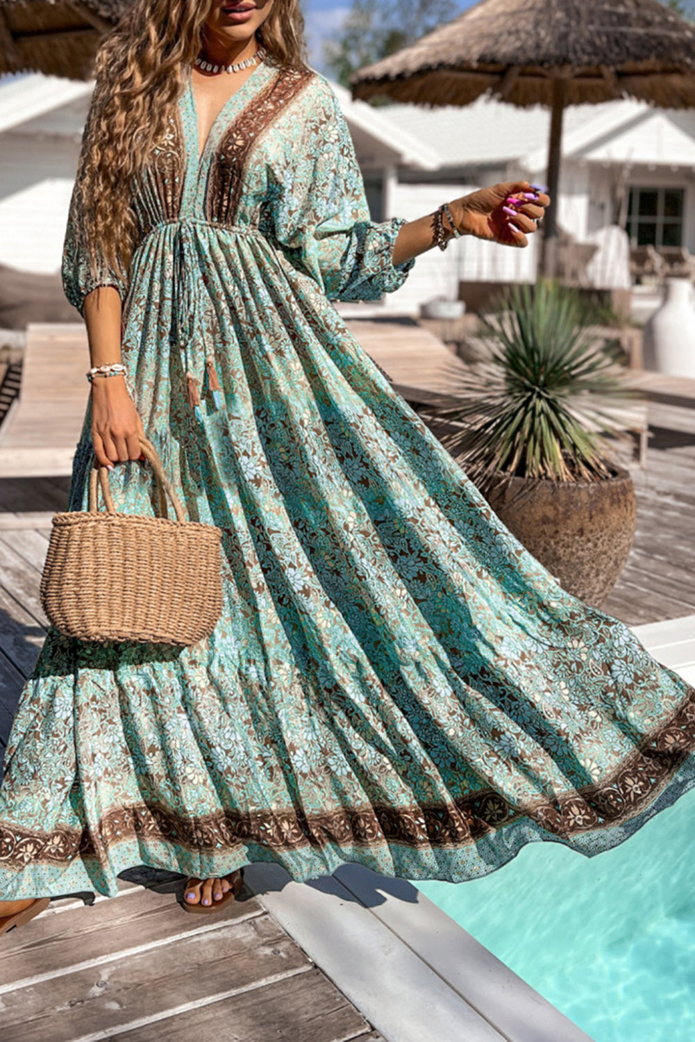 Green Boho Floral Print Lace-up Open Back High Waist Maxi Dress - Premium Dresses/Floral Dresses from Momma Done Gone Crafty- Just $48.99! Shop now at Momma Done Gone Crafty