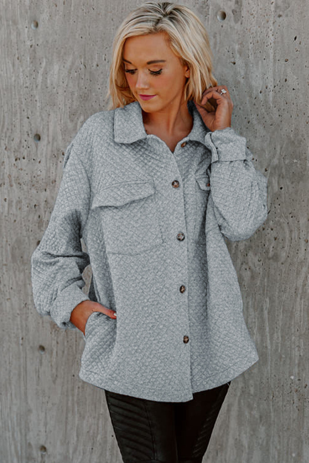 Gray Lattice Texture Retro Flap Pocket Button Shacket - Premium Outerwear from Momma Done Gone Crafty- Just $35.99! Shop now at Momma Done Gone Crafty