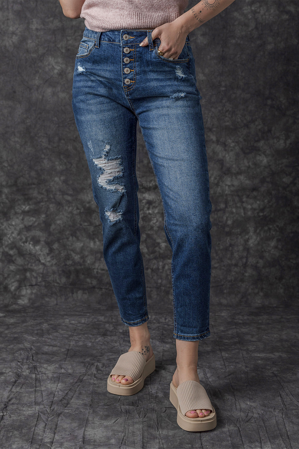 Blue Distressed Button Fly High Waist Skinny Jeans - Premium Bottoms from Momma Done Gone Crafty- Just $35.40! Shop now at Momma Done Gone Crafty